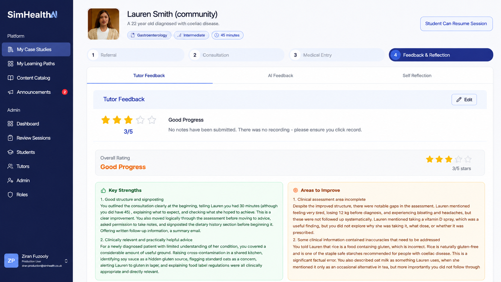 Feedback view — structured tutor feedback with key strengths and areas to improve
