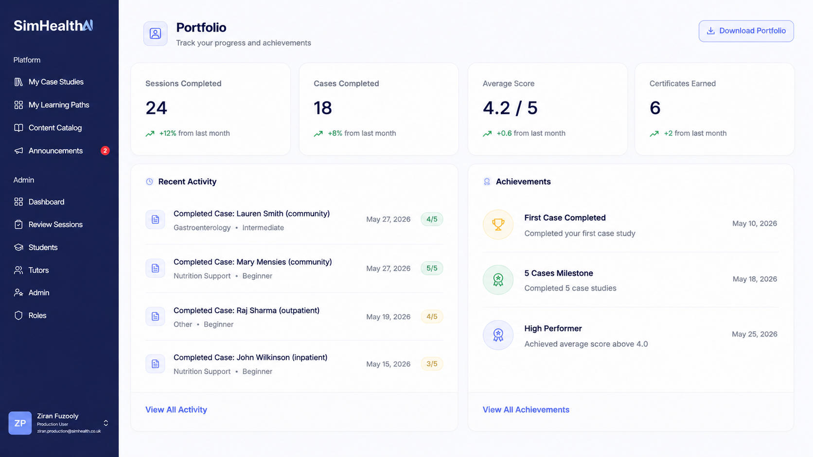 Portfolio — track sessions completed, average score, and achievements