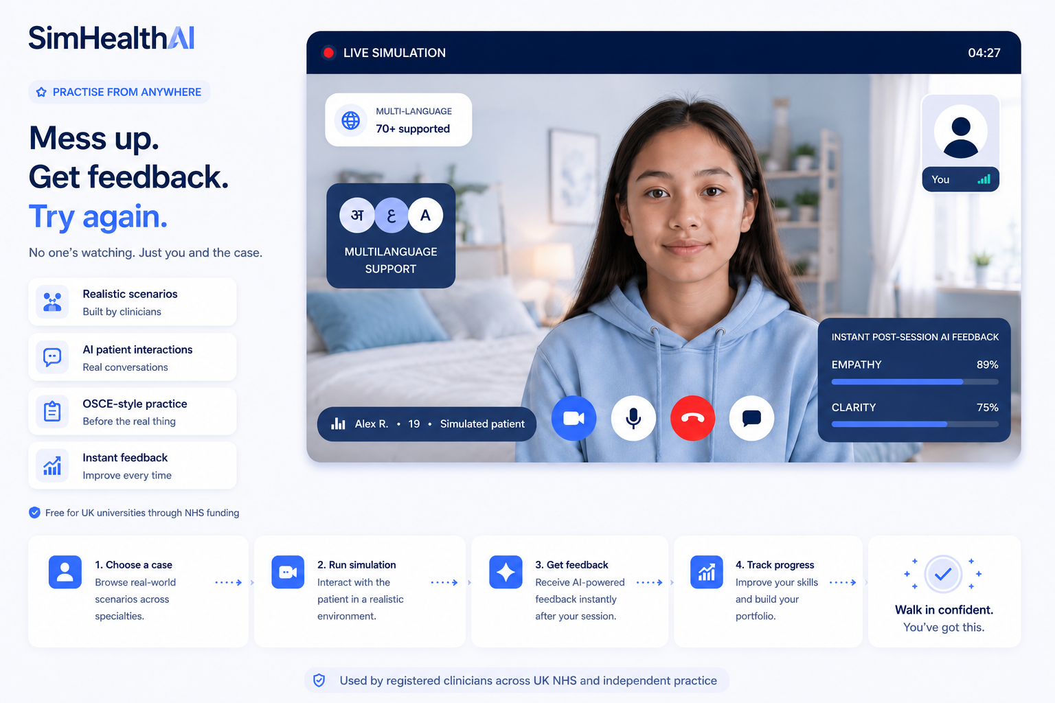 SimHealth student practice view: in-app feedback after a simulated patient case